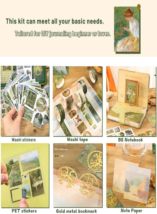 PLUSPOINT Vintage Aesthetic Paper Scrapbook Kit with 346 Pcs Complete Scrapbooking Supplies Set Featuring Bullet Junk Journal | A6 Grid Notebook | Elegant Stationery in Charming Green Stickers - Image 4